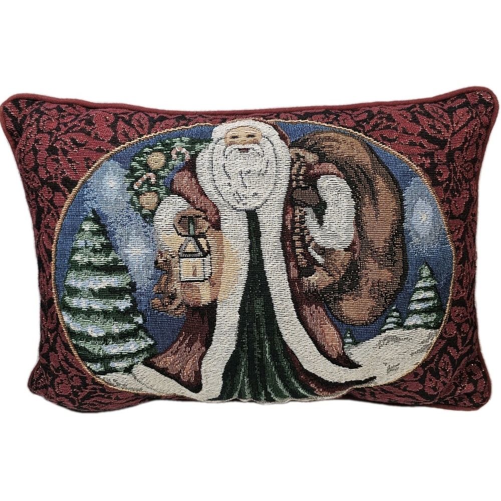 Santa Christmas Holiday‎ VTG Needlepoint Tapestry Throw Pillow Old World 17x12